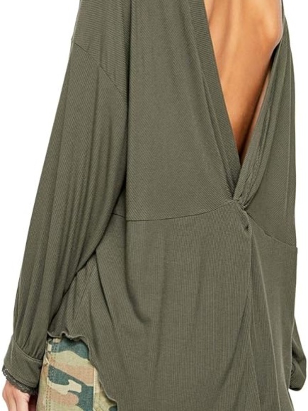 Free People Dark Olive Ribbed Long-Sleeve Top with v open back